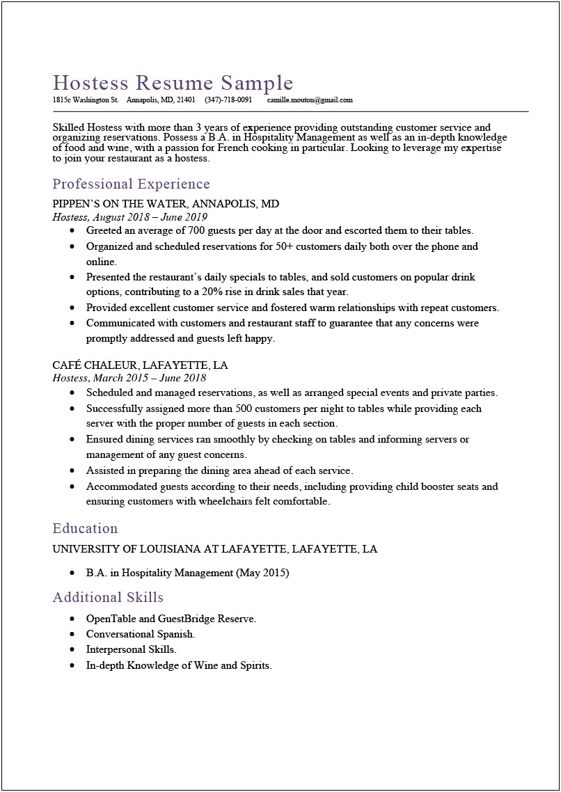 Objective On A Resume For Restaurant