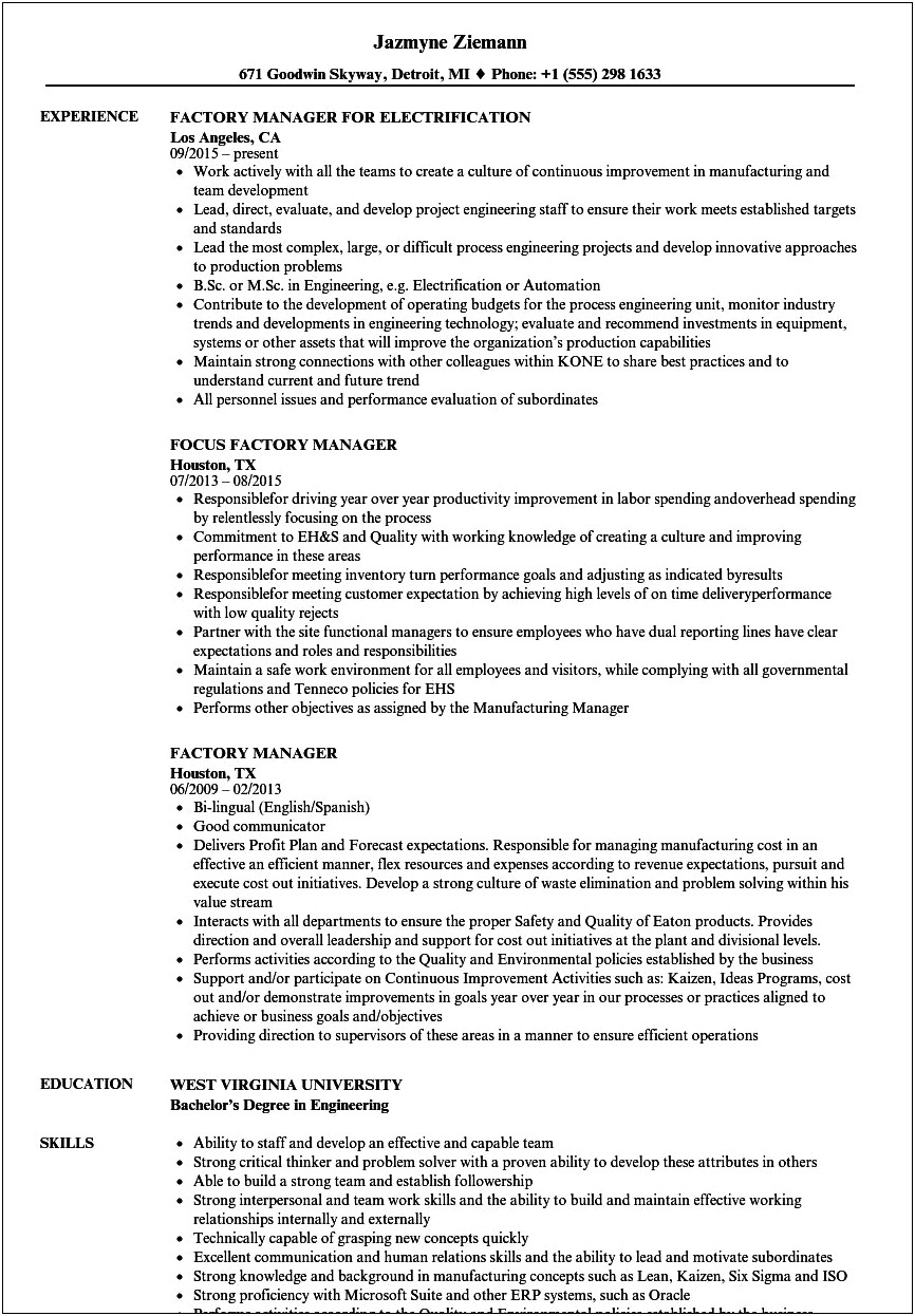 Objective On Job Resume For Factory