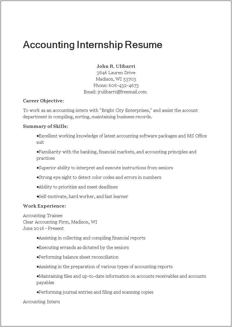 Objective On Resume For Accounting Internship
