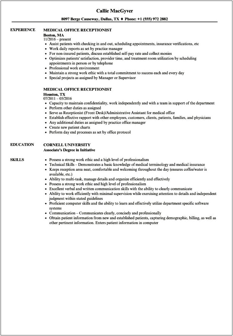 Objective On Resume For Medical Front Office