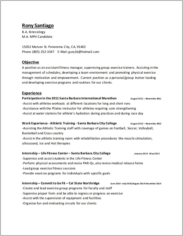 Objective On Resume For Personal Trainer