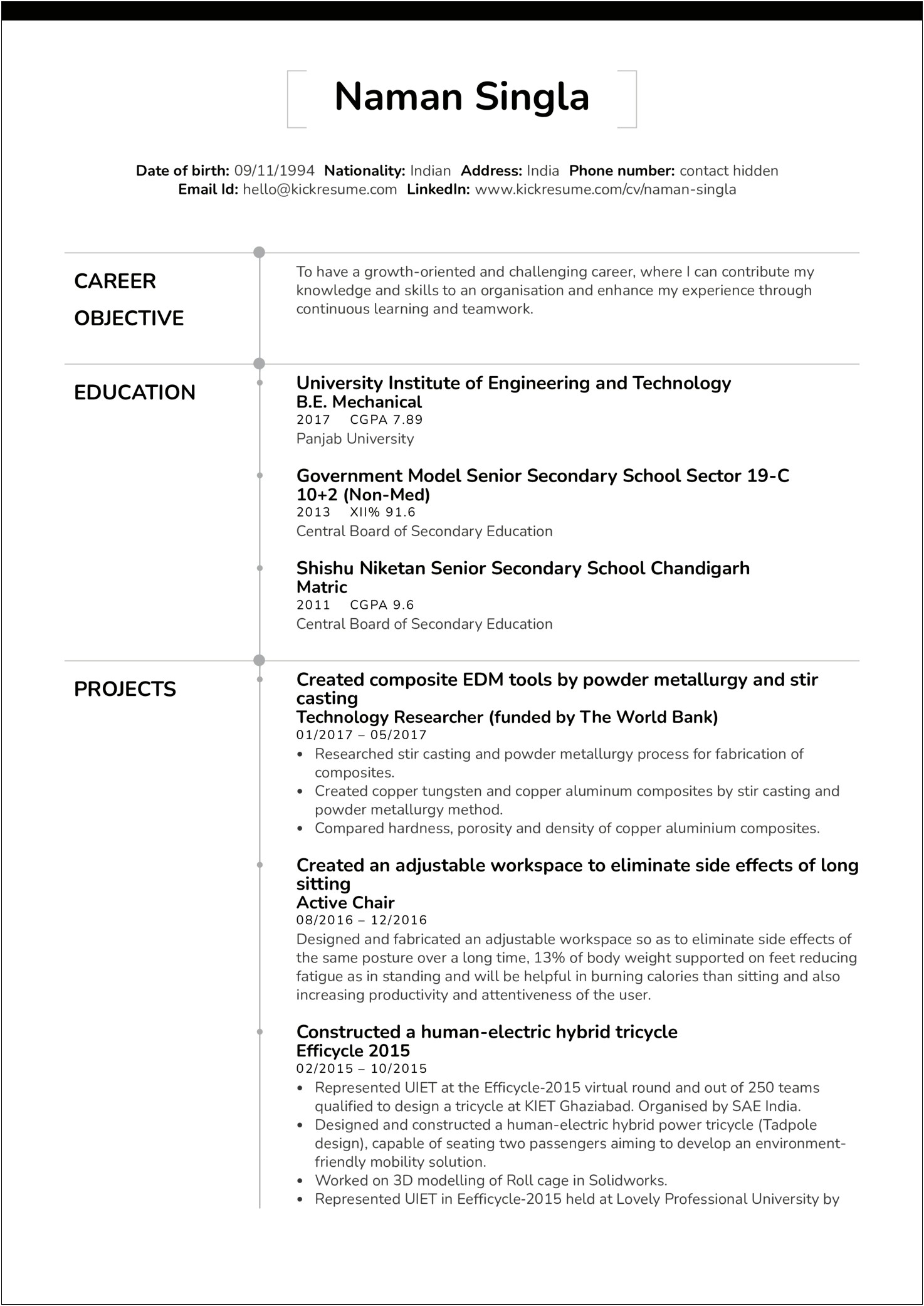 Objective On Right Side Of Resume
