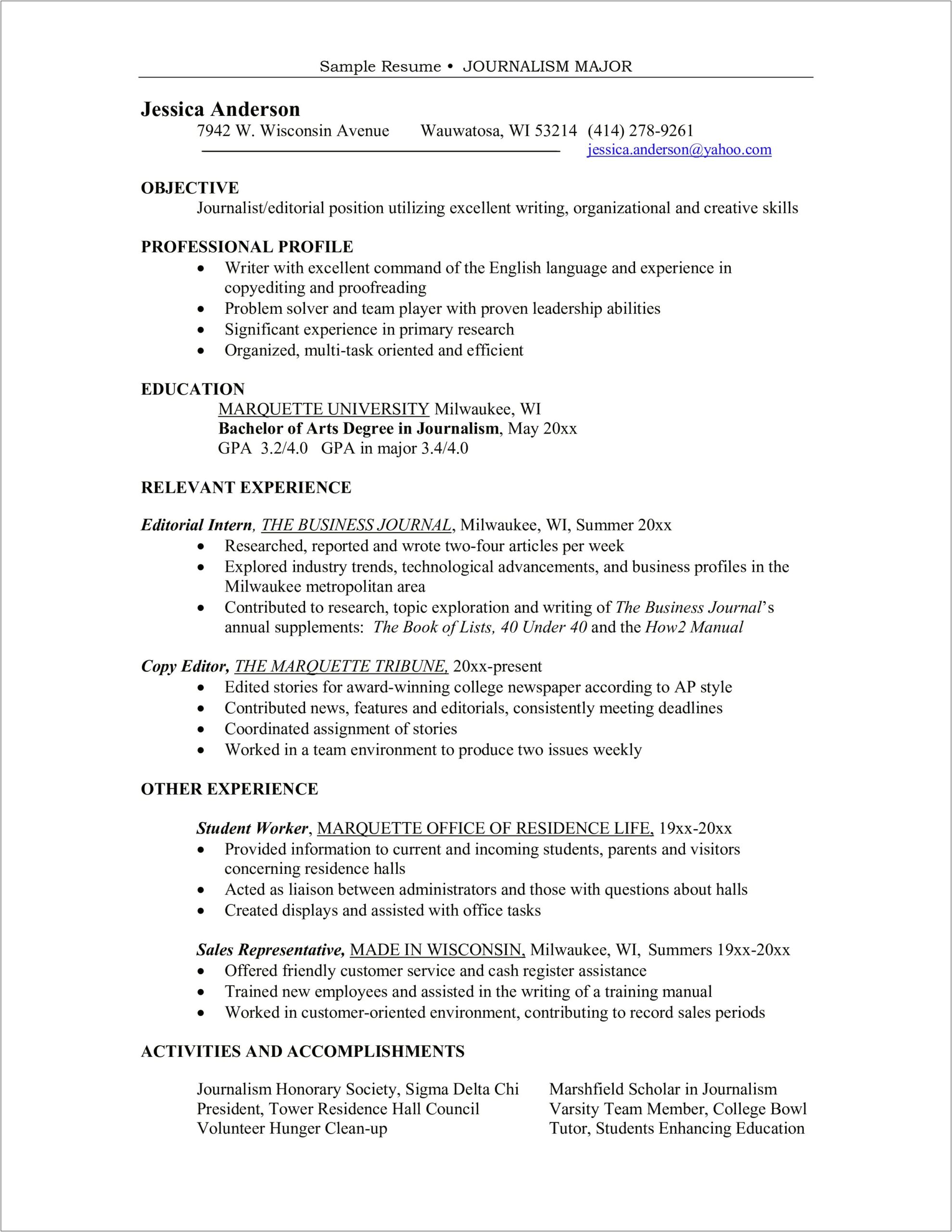 Objective Or Profile On Resume