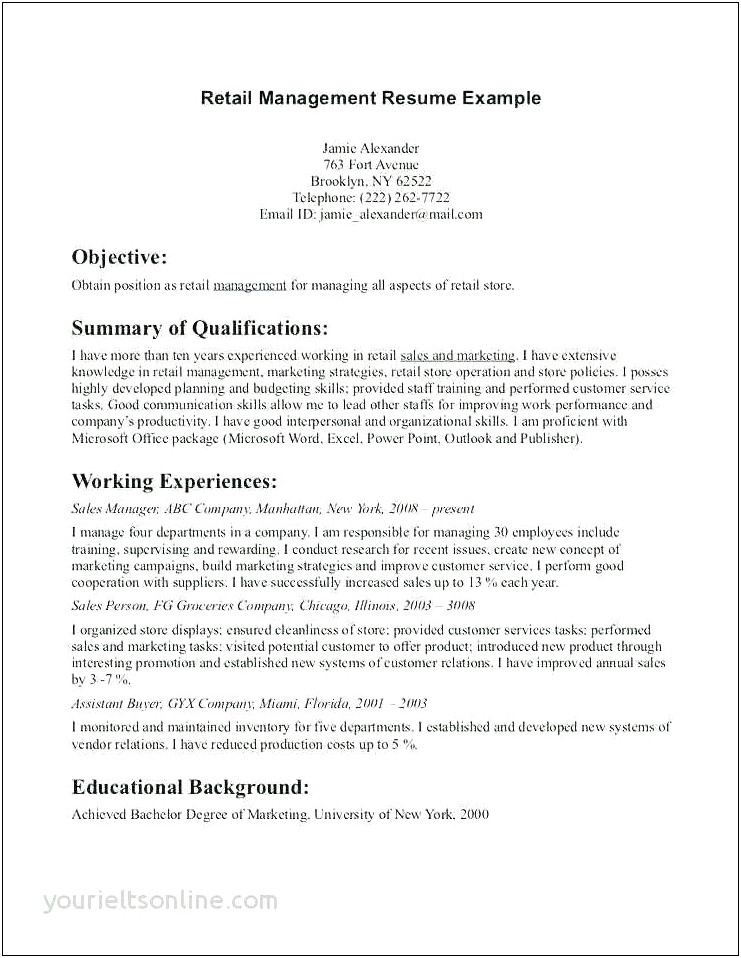 Objective Part Of Resume For Retail