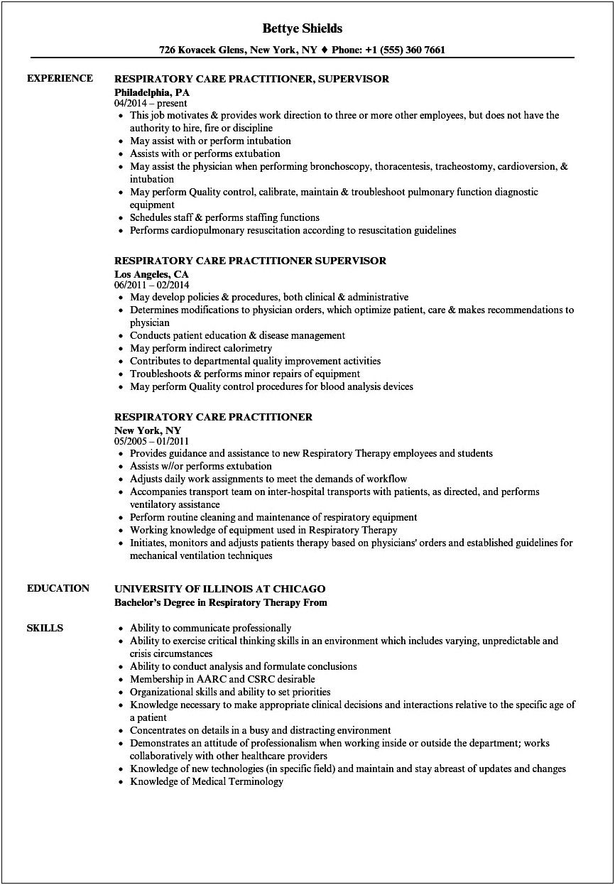 Objective Portion On Resume Respiratory Therapy
