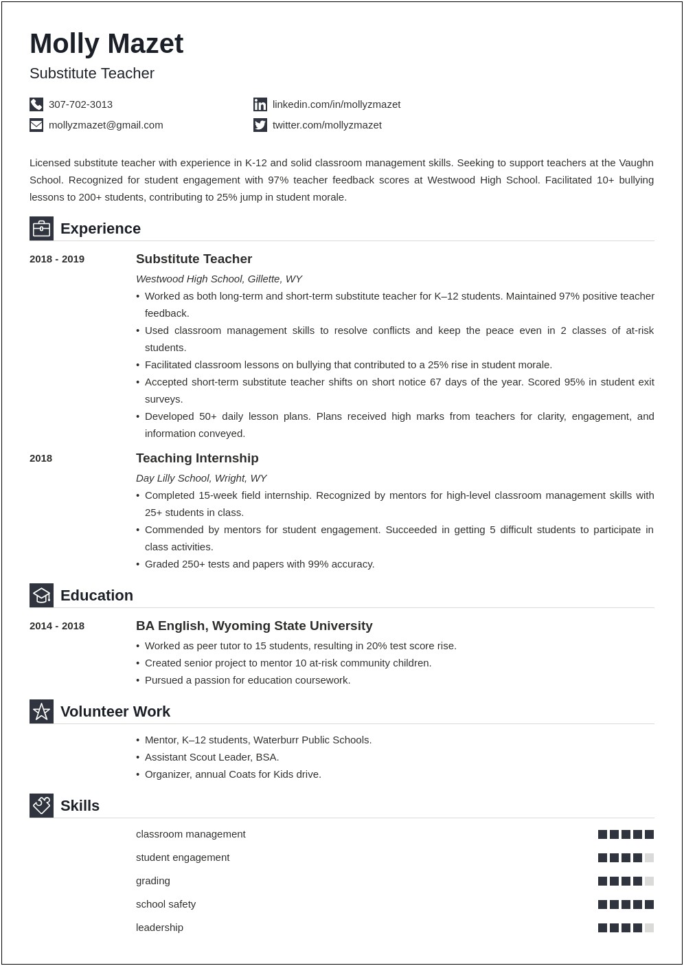 Objective Resume Example For Substitute Teacher