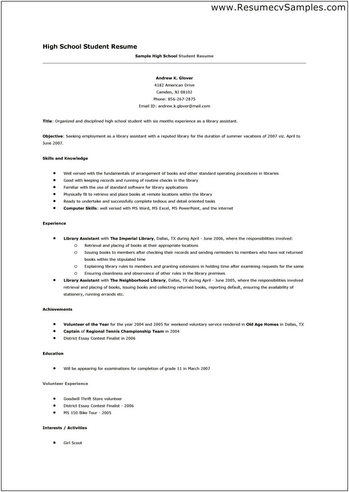 Objective Resume Examples For High School Student