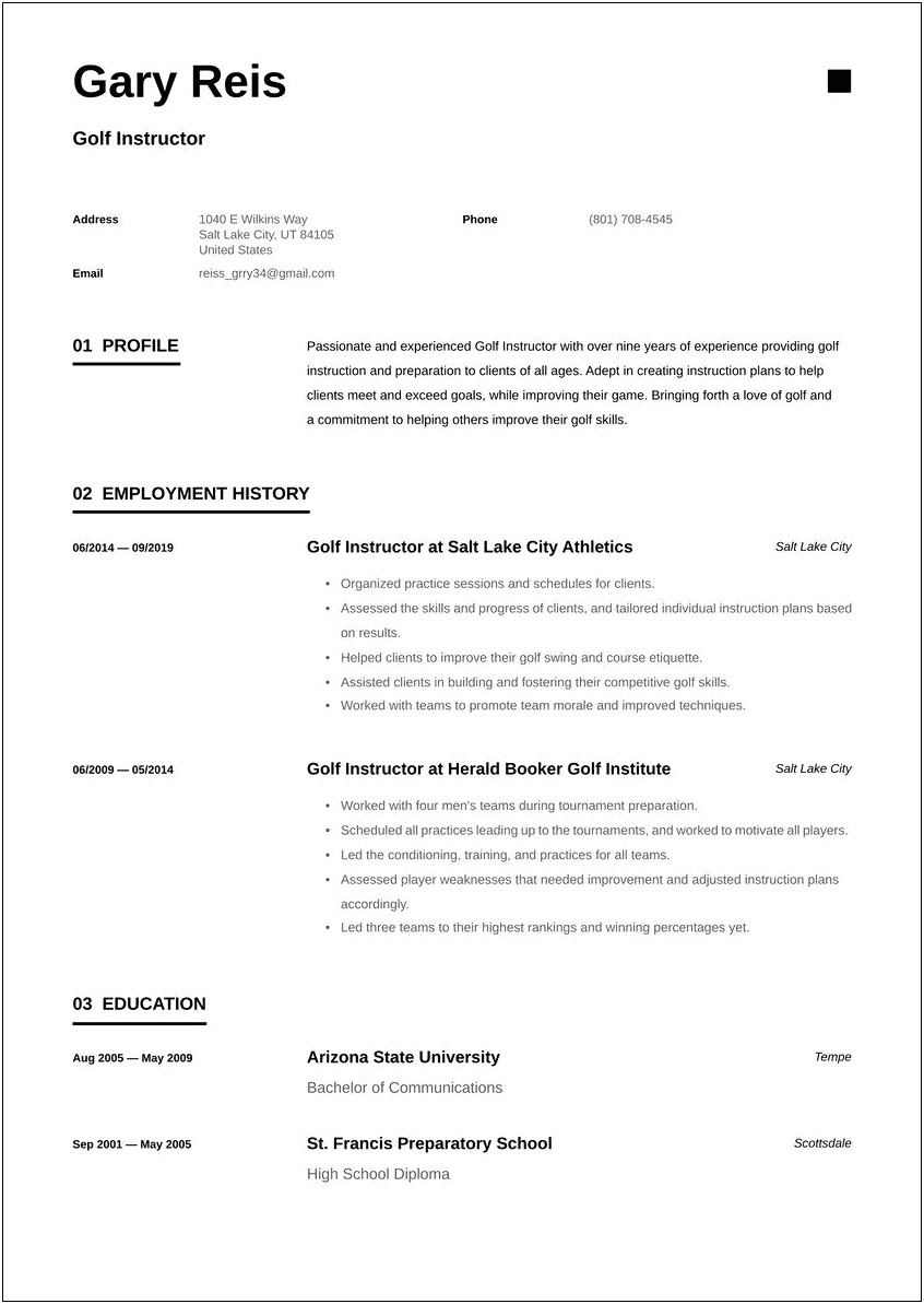 Objective Resume For Golf Course