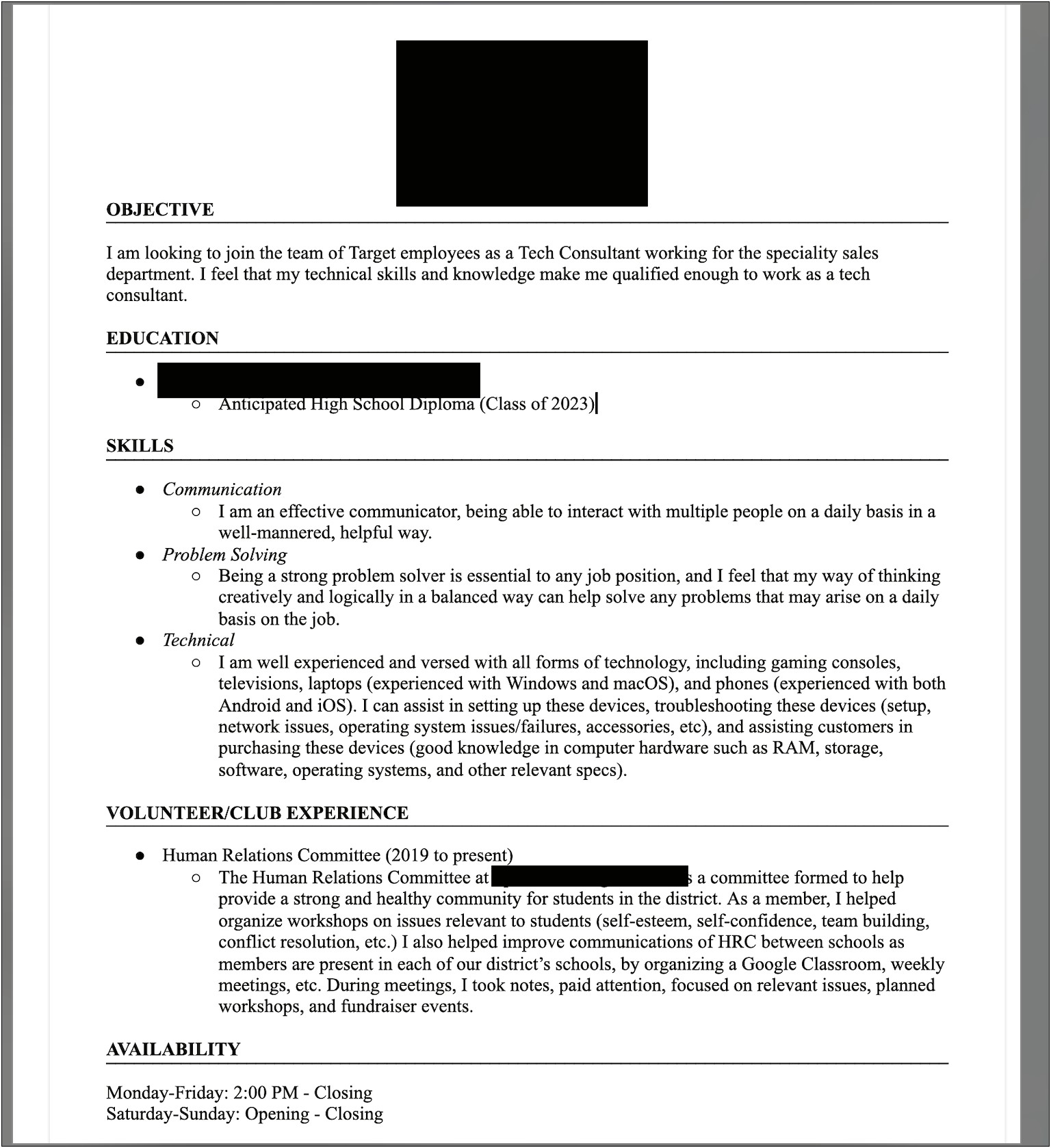 Objective Resume For High School Student