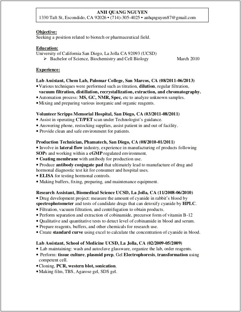 Objective Resume For Lab Assistant