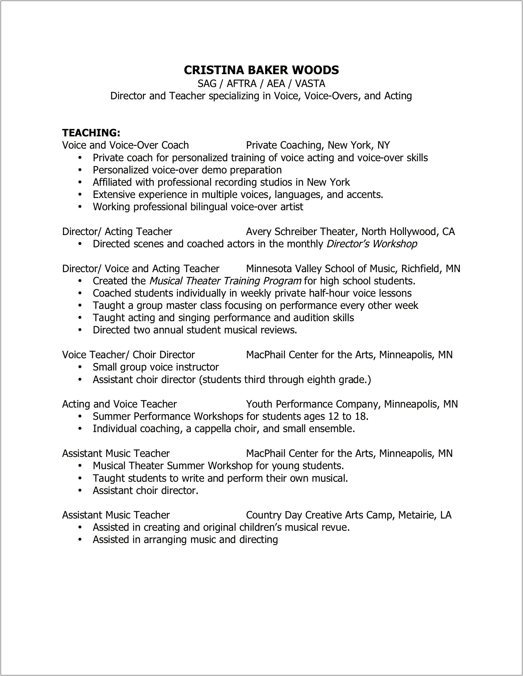 Objective Resume For Musical Theatre Teacher