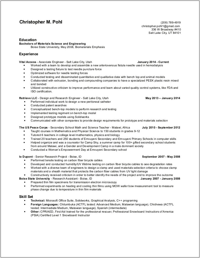 Objective Resume For Peace Corps