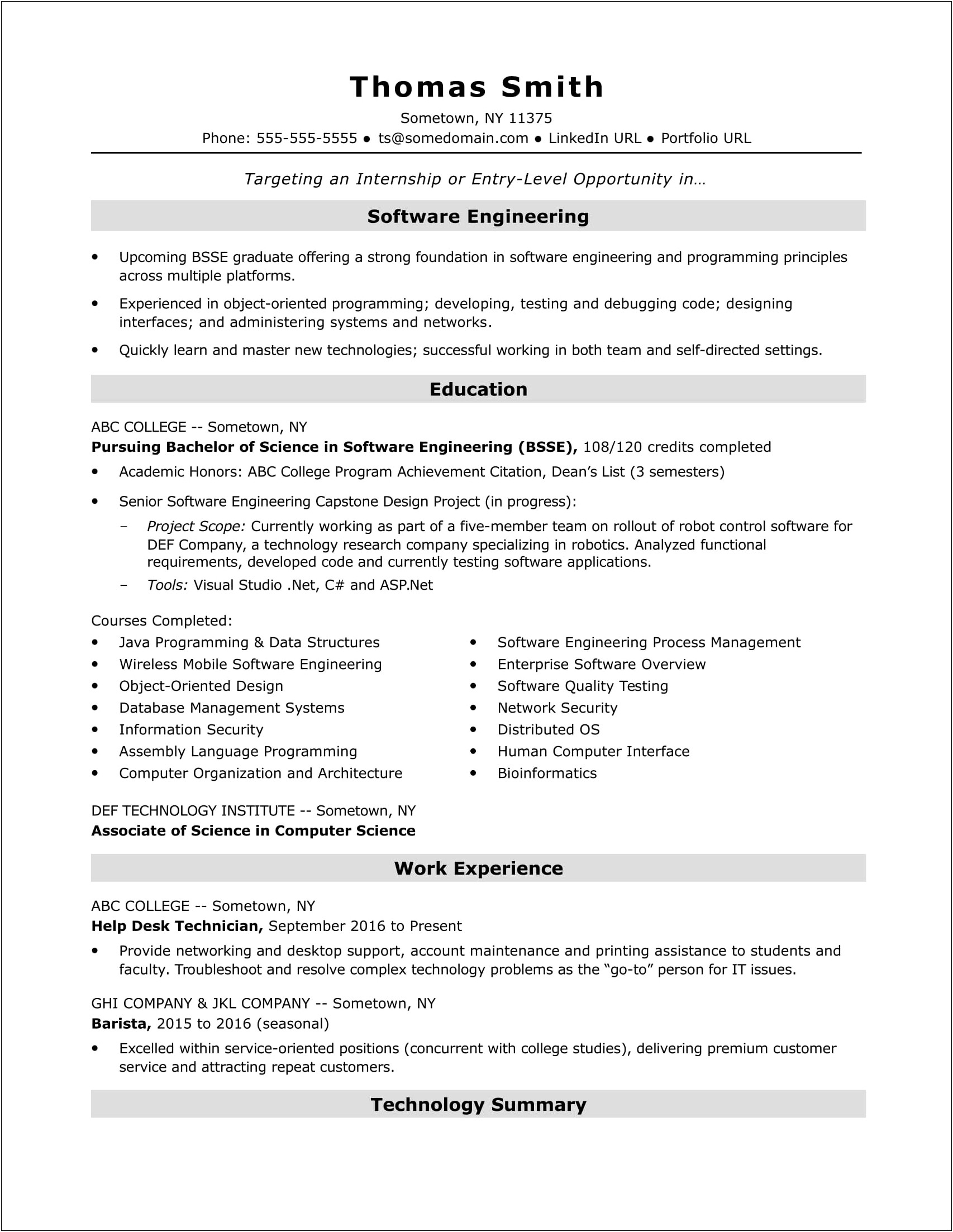 Objective Resume Internship Computer Science