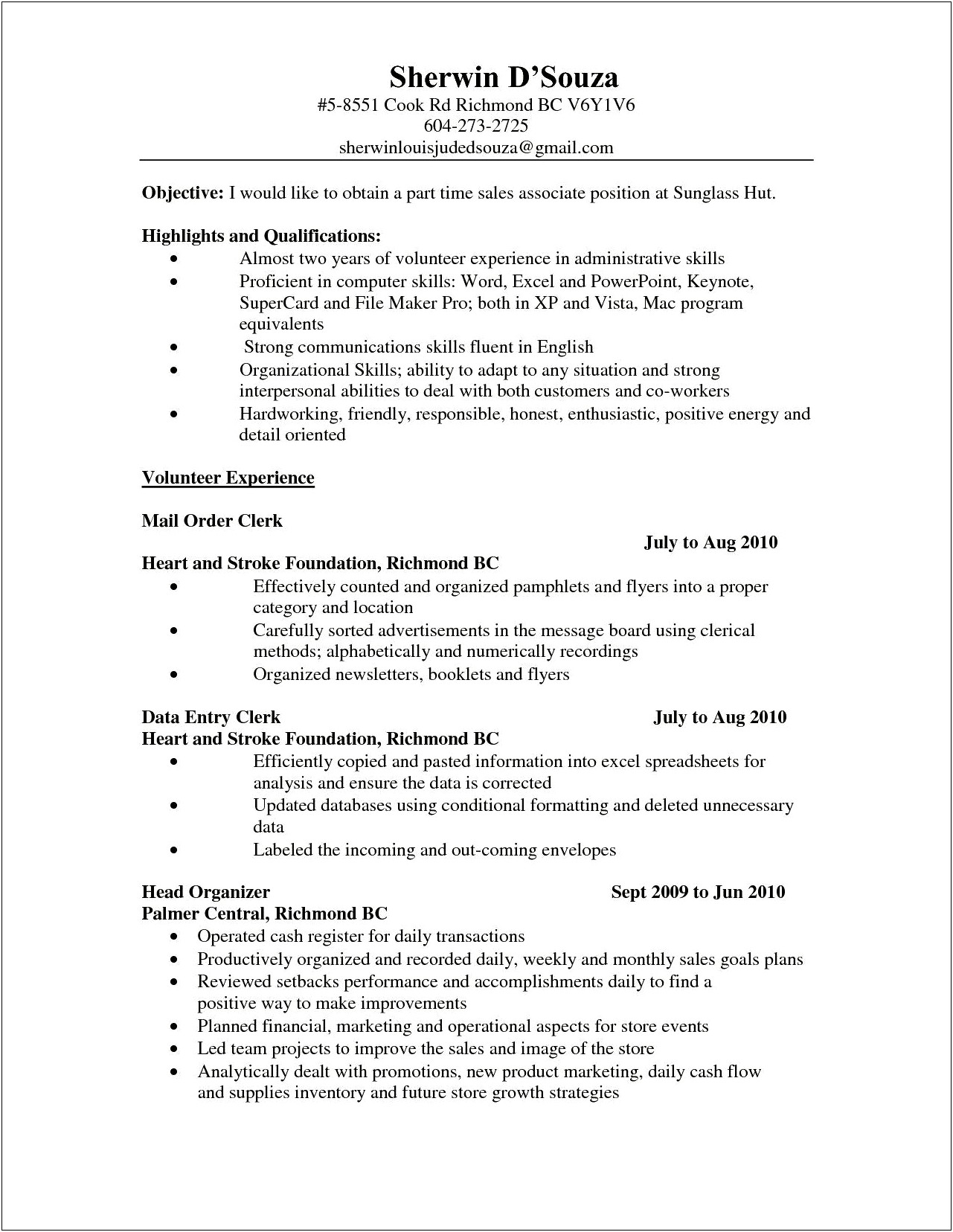 Objective Resume Part Time Job