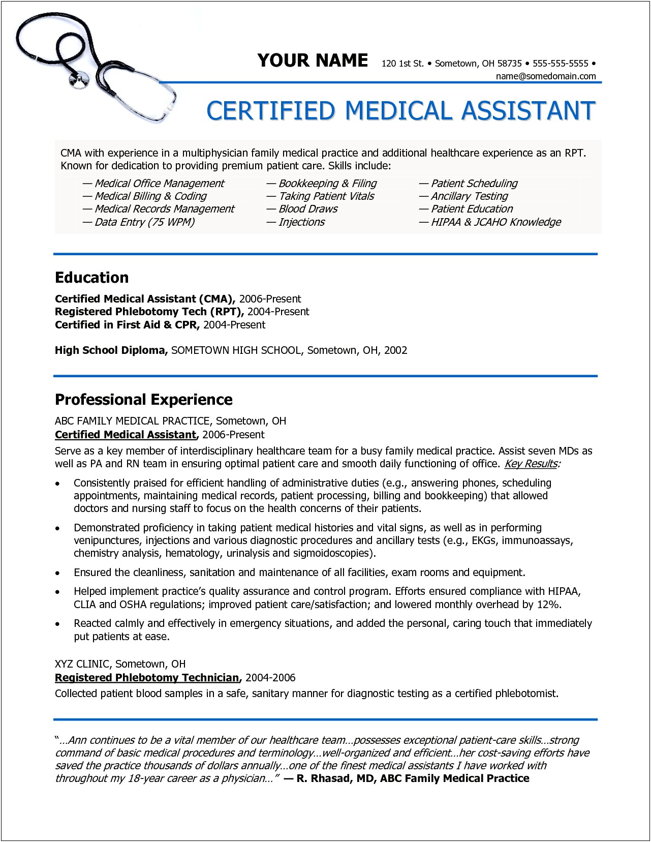 Objective Sample For Resume For Medical Assistant