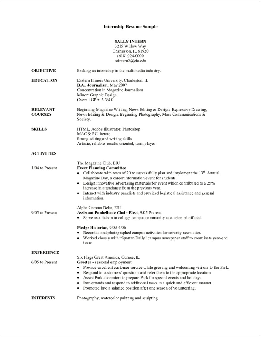 Objective Samples For Internship Resume