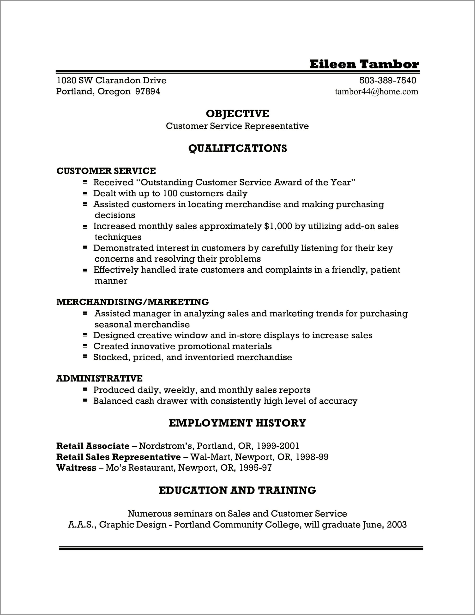 Objective Statement For Resume Examples For Customer Service