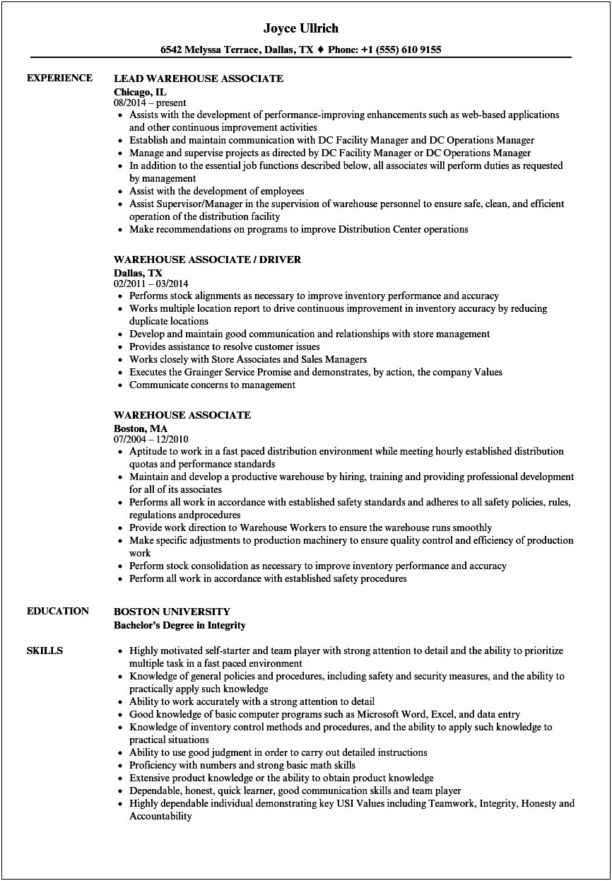 Objective Statement For Resume Warehouse