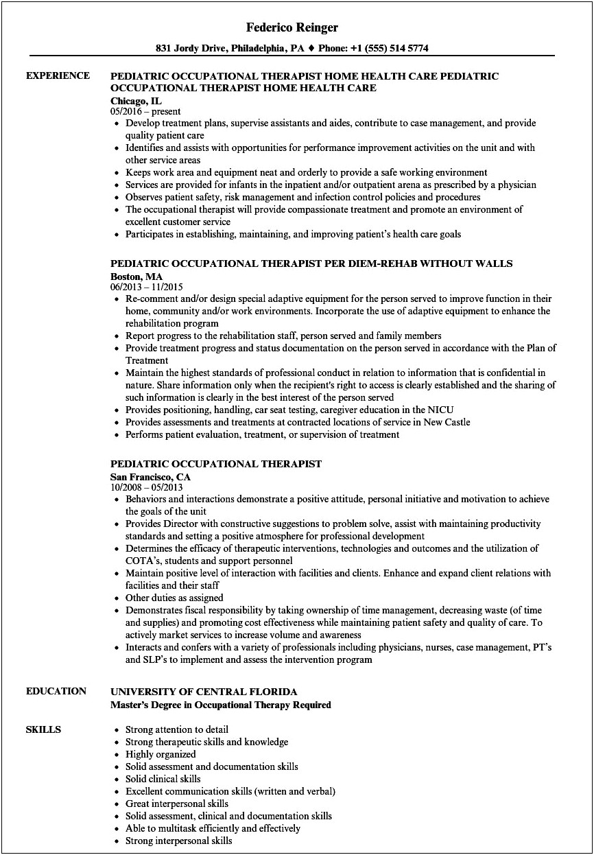 Objective Statement On Resume For Occupational Therapist