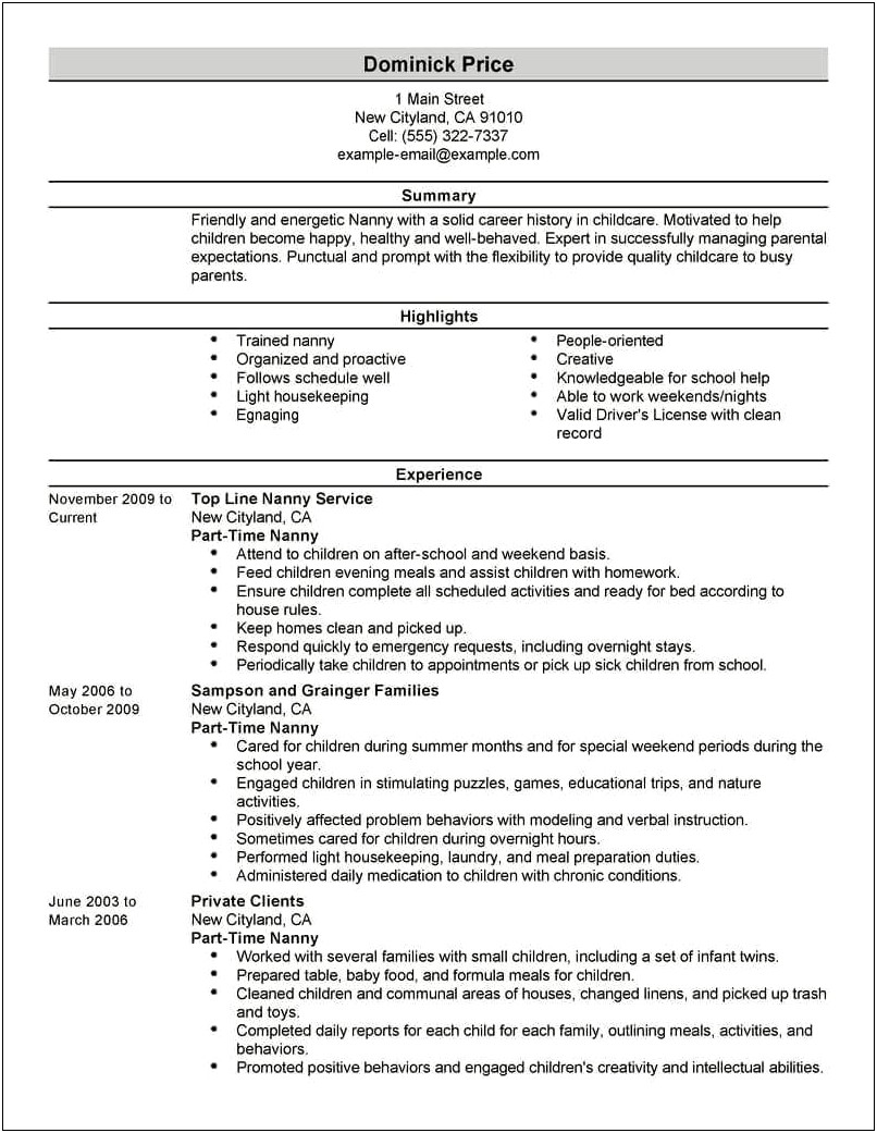 Objective Statement Resume For Nanny