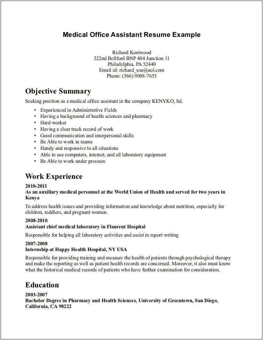 Objective Summary For Resume Examples For Medical Assistant