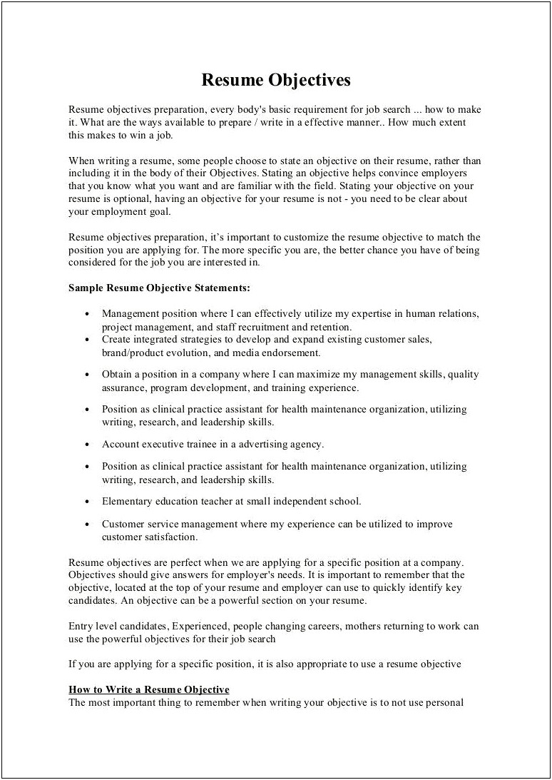 Objectives For A Job Postion On A Resume