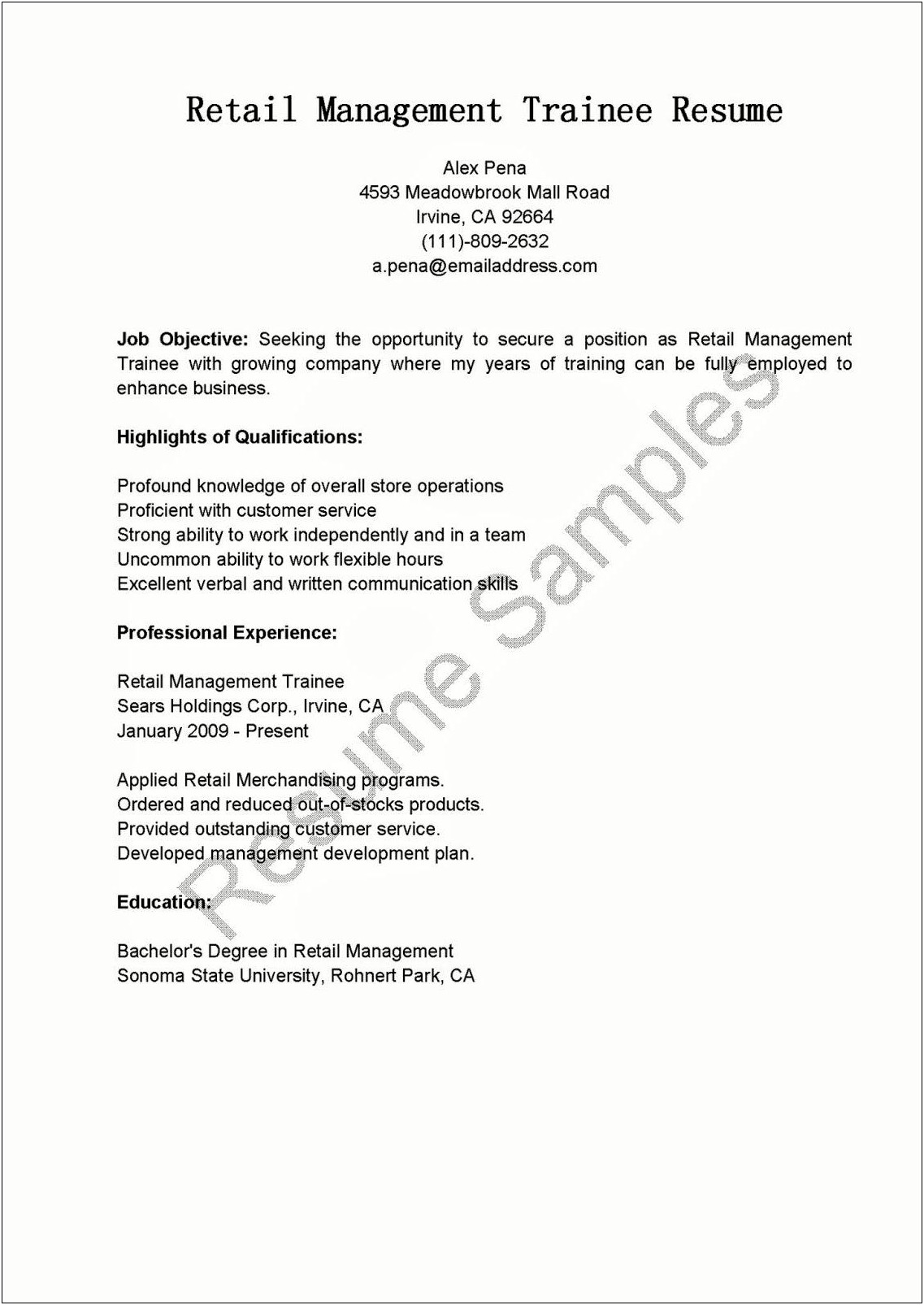 Objectives For A Resume In Retail