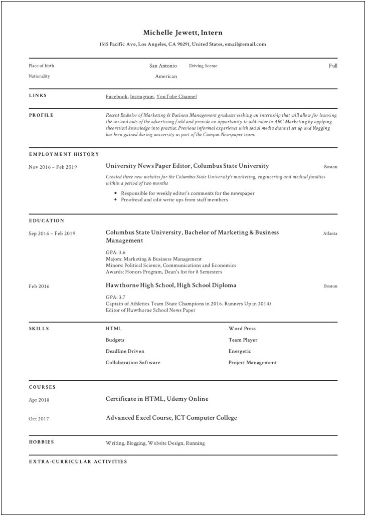 Objectives For An Internship Resume