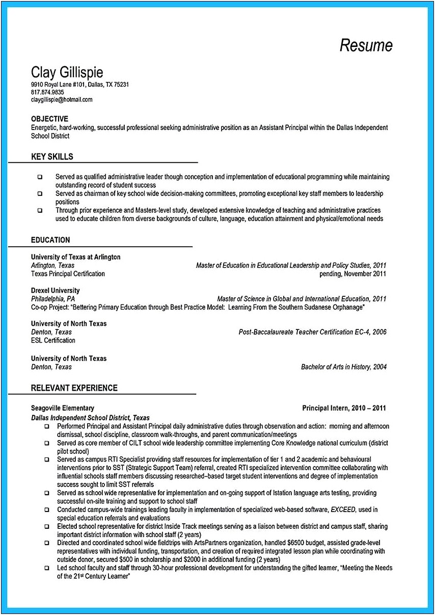 Objectives For Assistant Principal Resume