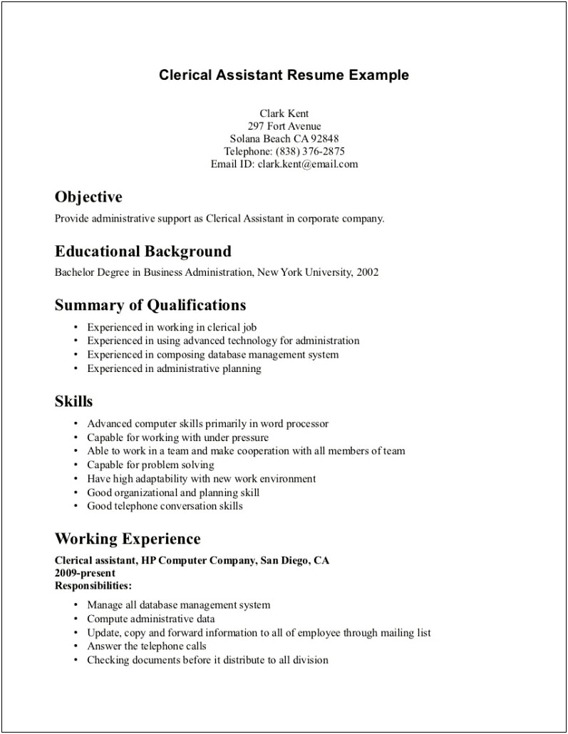 Objectives For Clerical Jobs Resume