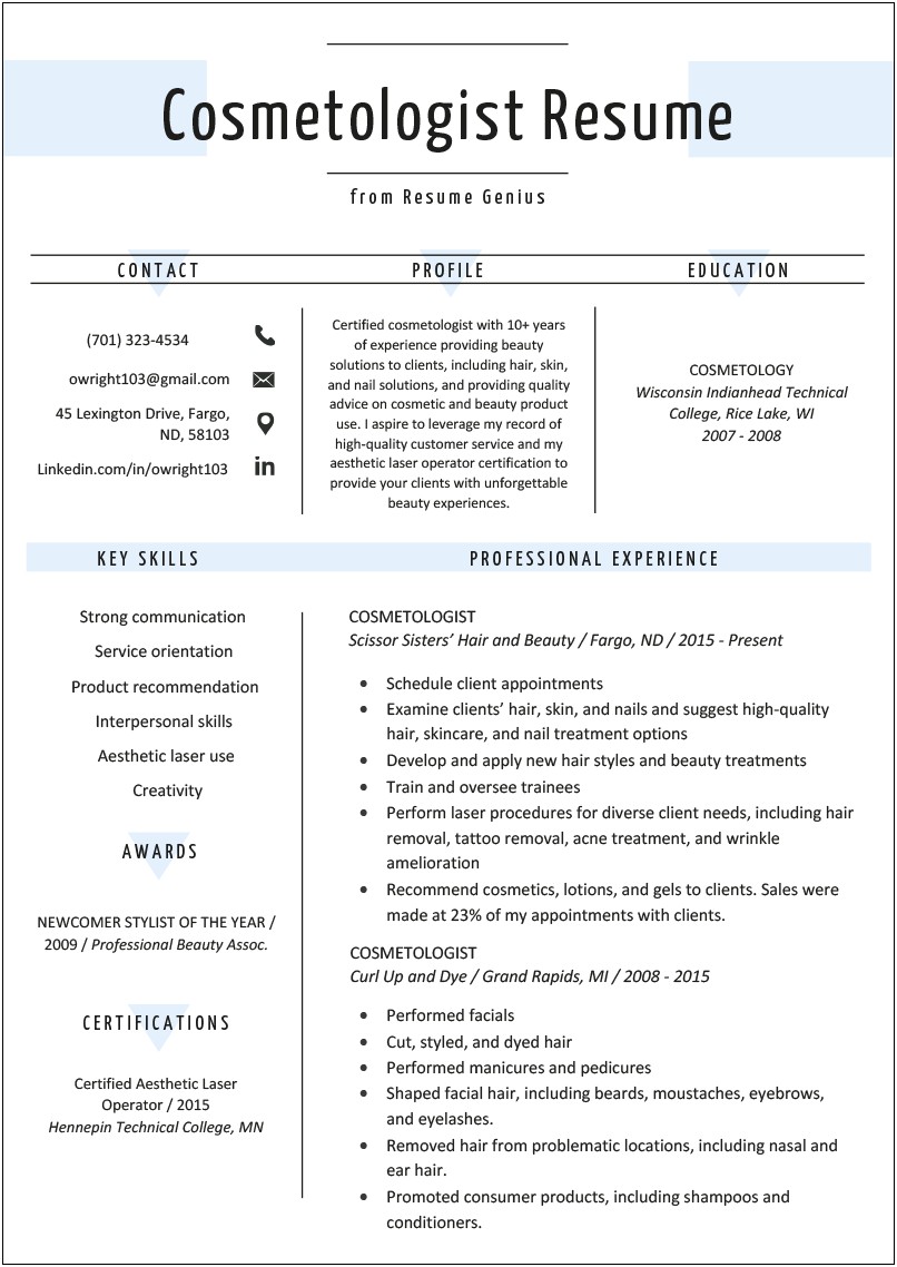 Objectives For Cosmetology Colorist Resume Sample