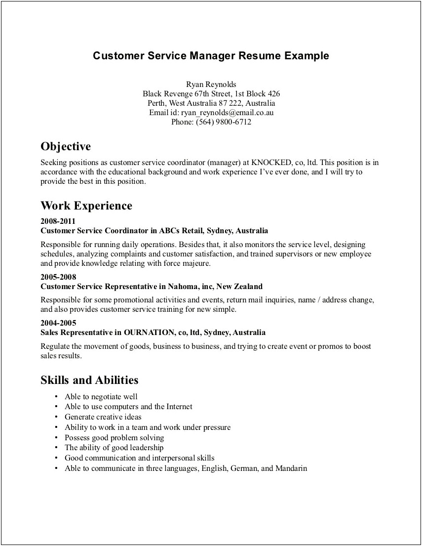 Objectives For Resume Customre Service