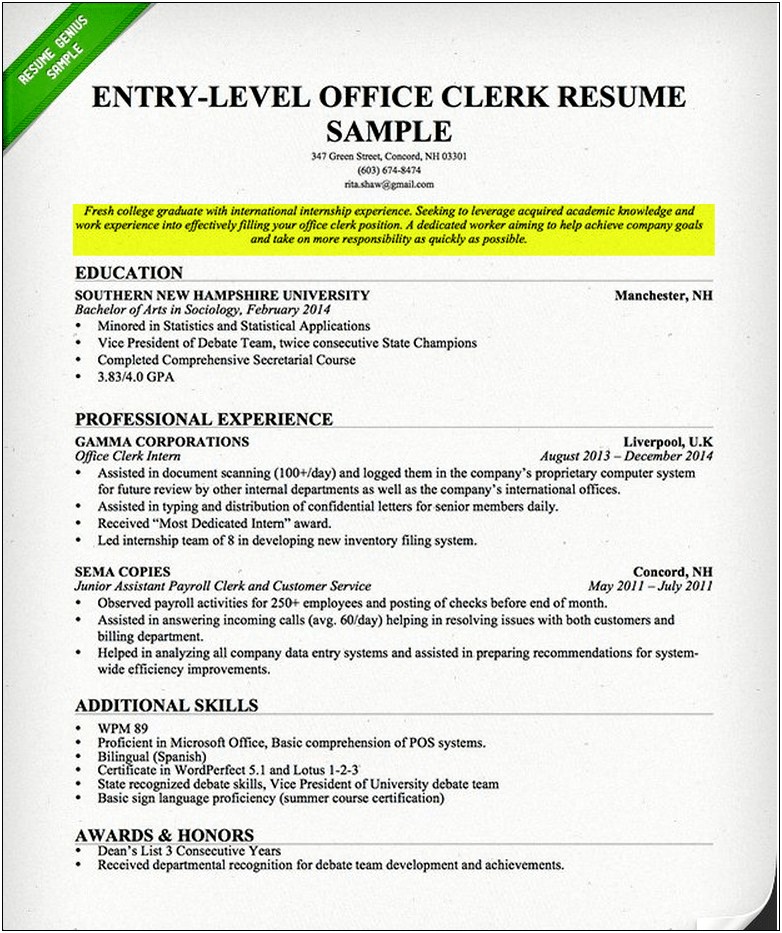Objectives For Resumes Examples Entry Level
