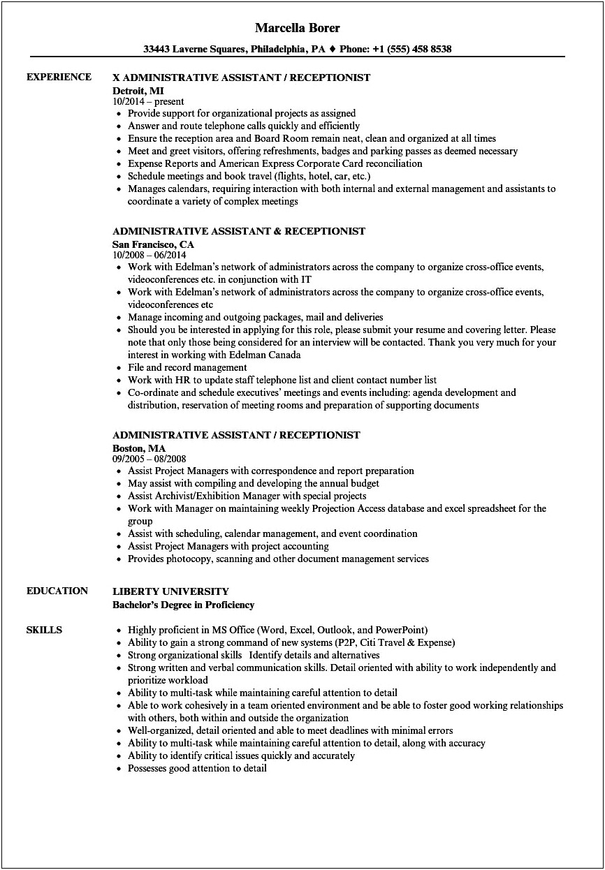 Objectives In A Resume For Receptionist