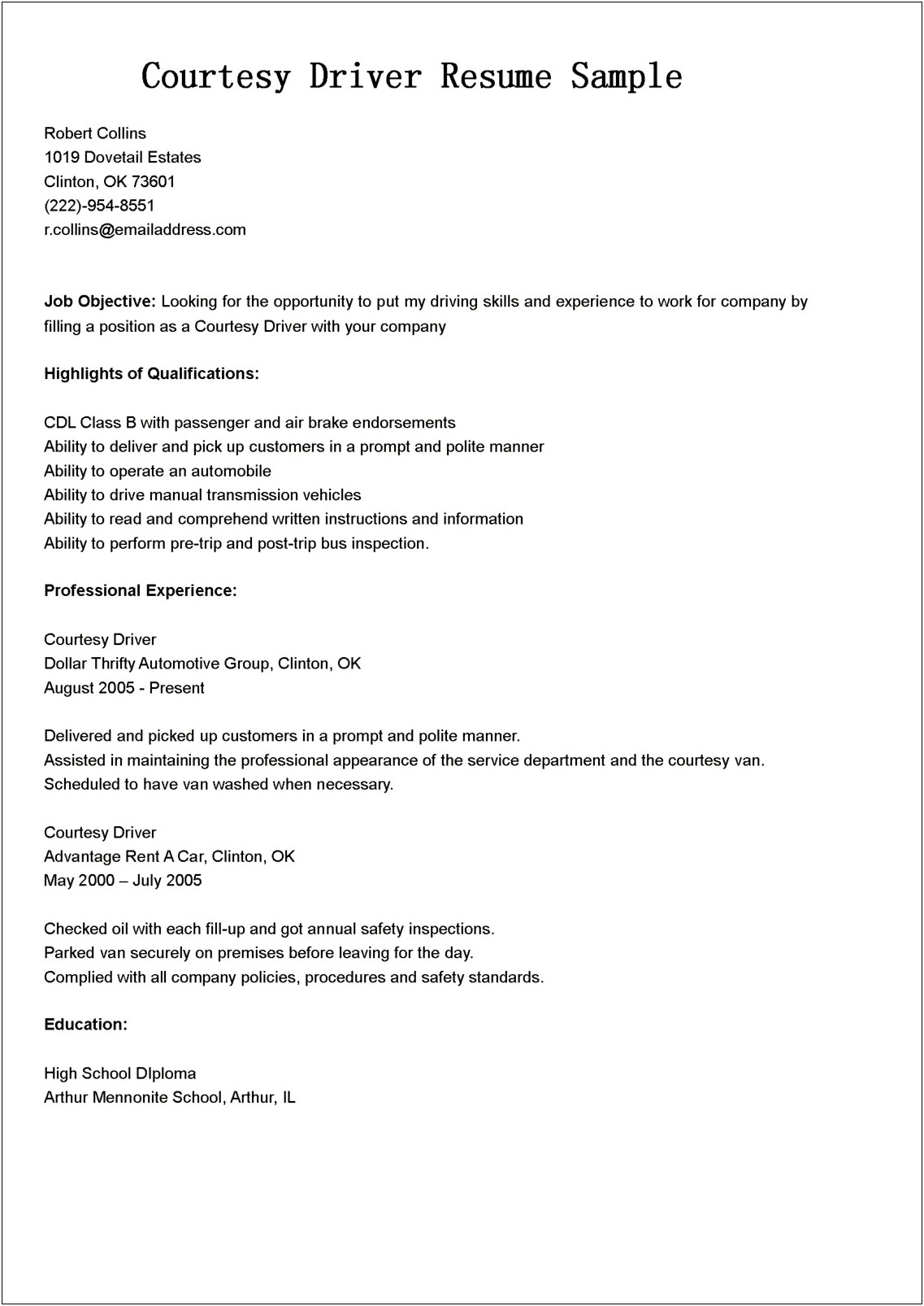 Objectives In Resume For Family Driver