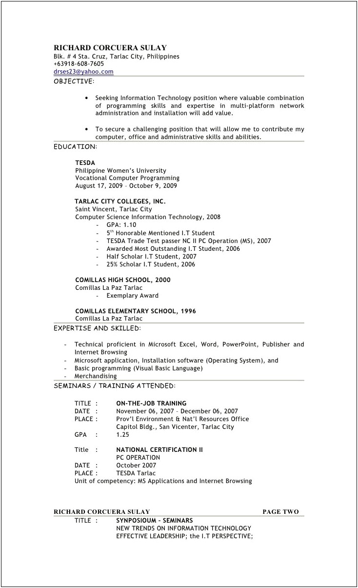 Objectives In Resume For Ojt Information Technology