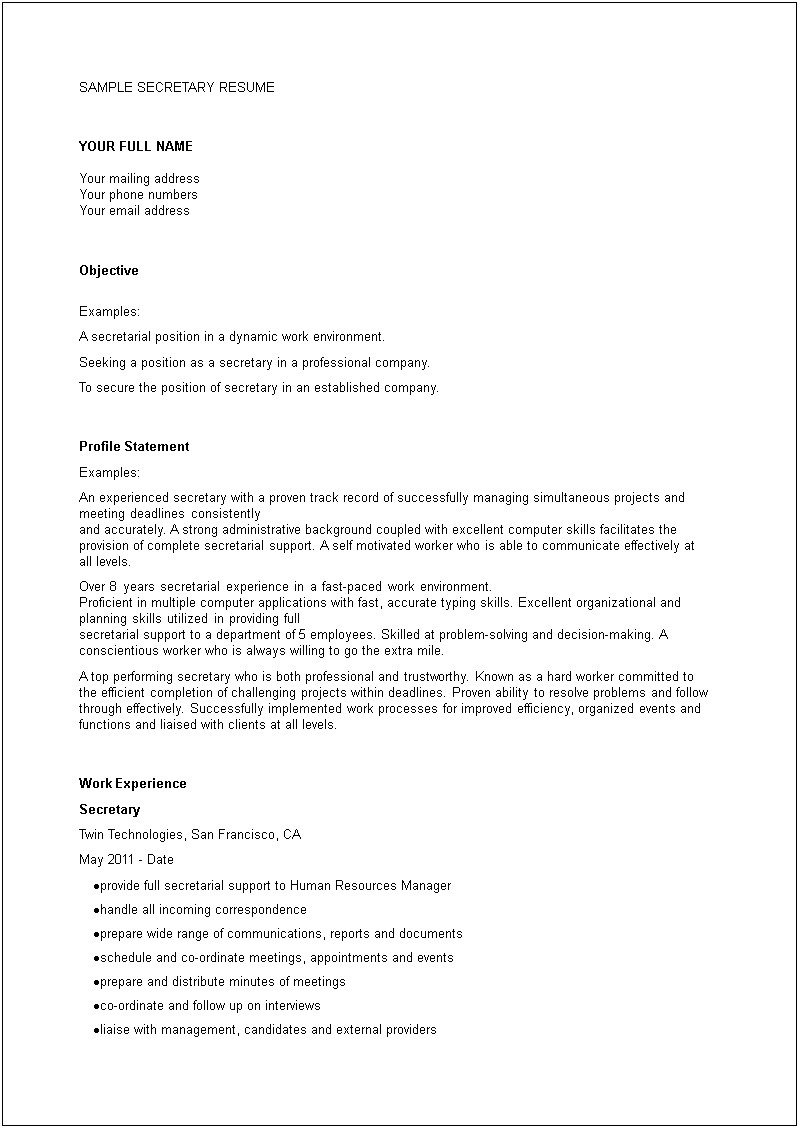 Objectives Samples For Secretarial Positions On Resume