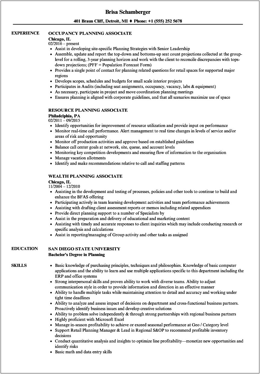 Occupancy Planner Job Summary Resume