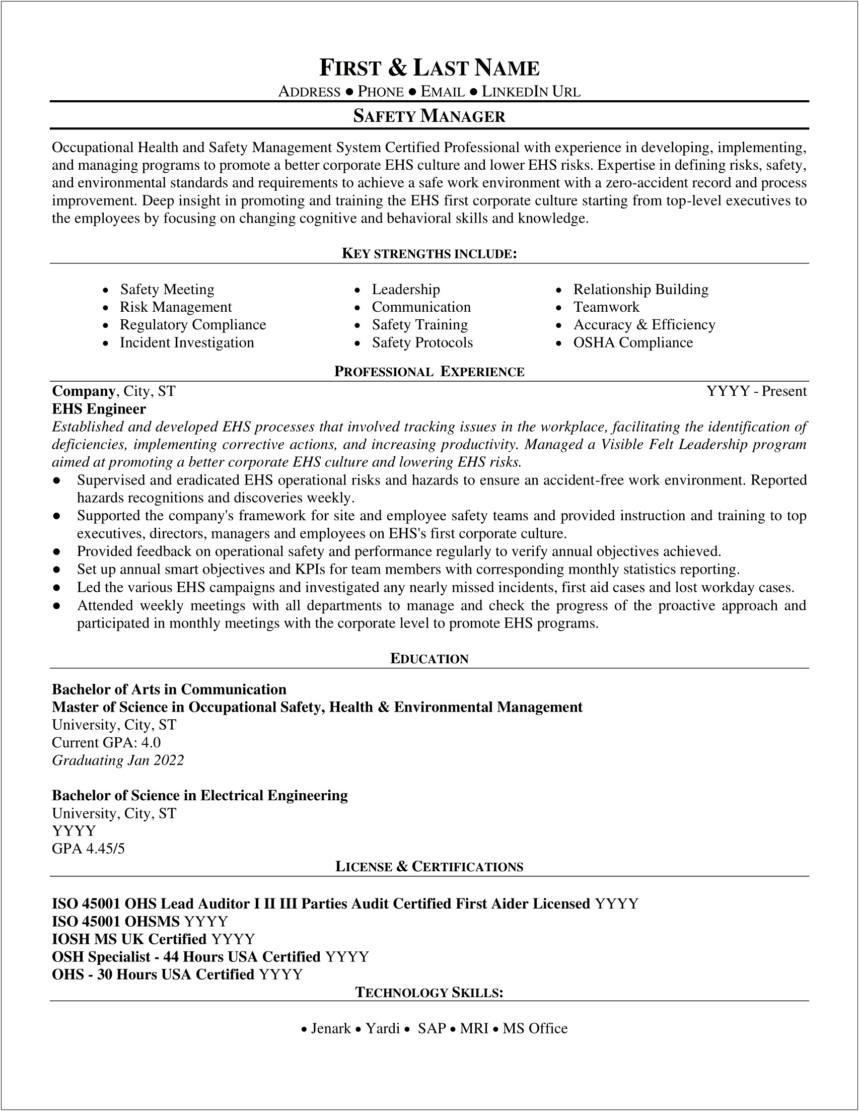 Occupational Health And Safety Manager Resume