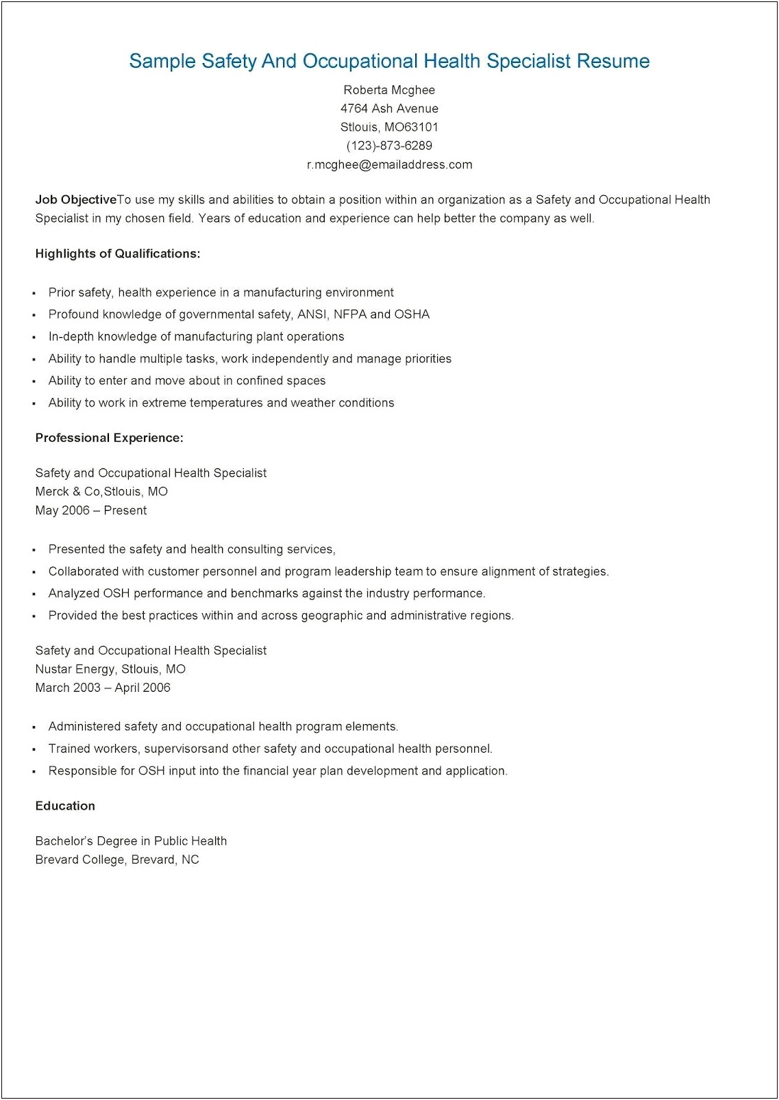 Occupational Health And Safety Resume Objective