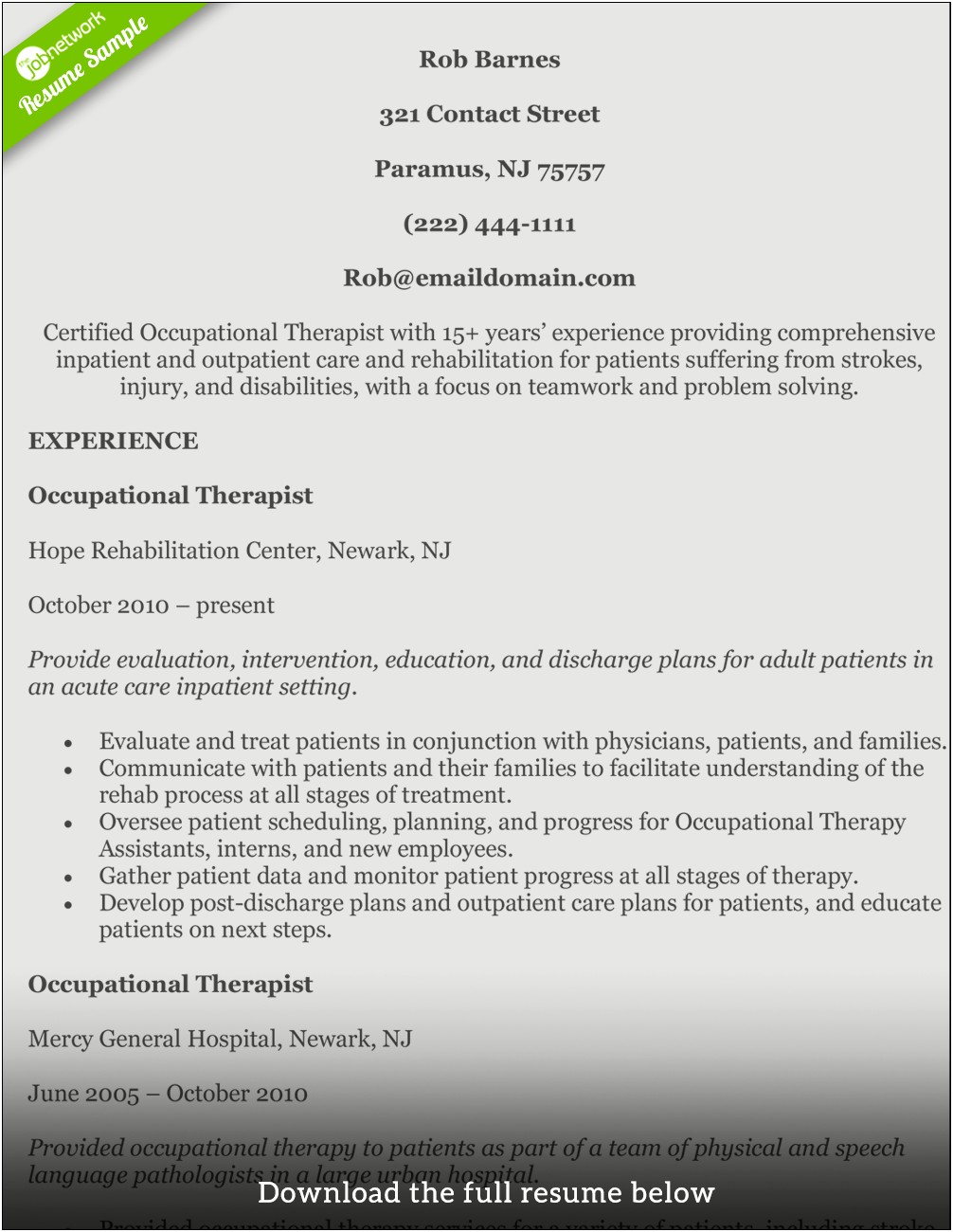 Occupational Therapist Sample Resume Fieldwork