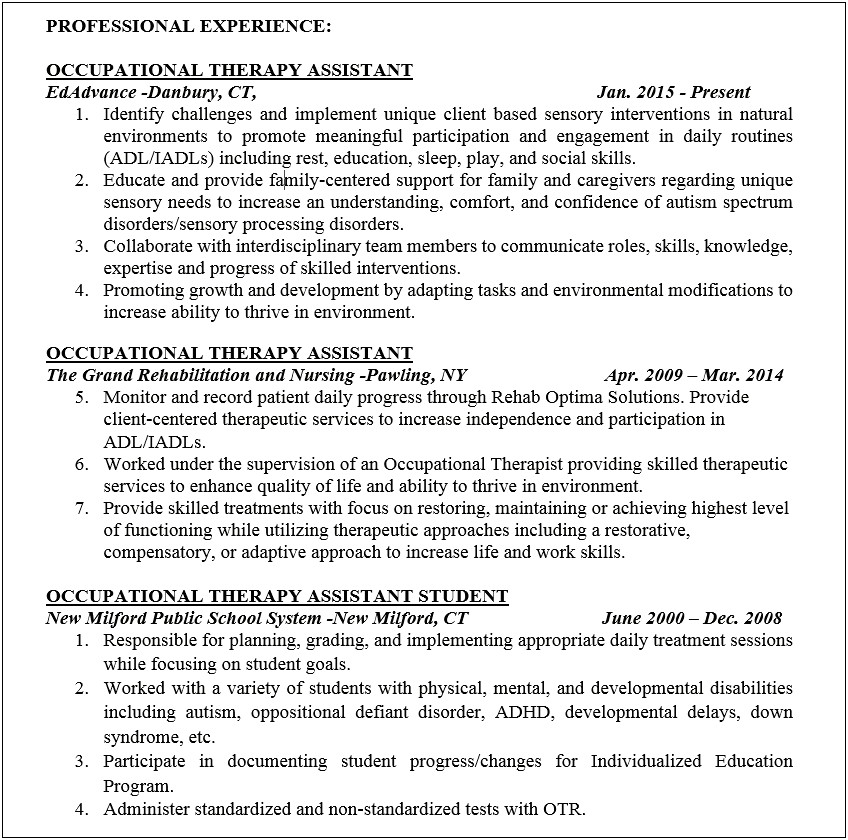 Occupational Therapy Assistant Resume Job Description