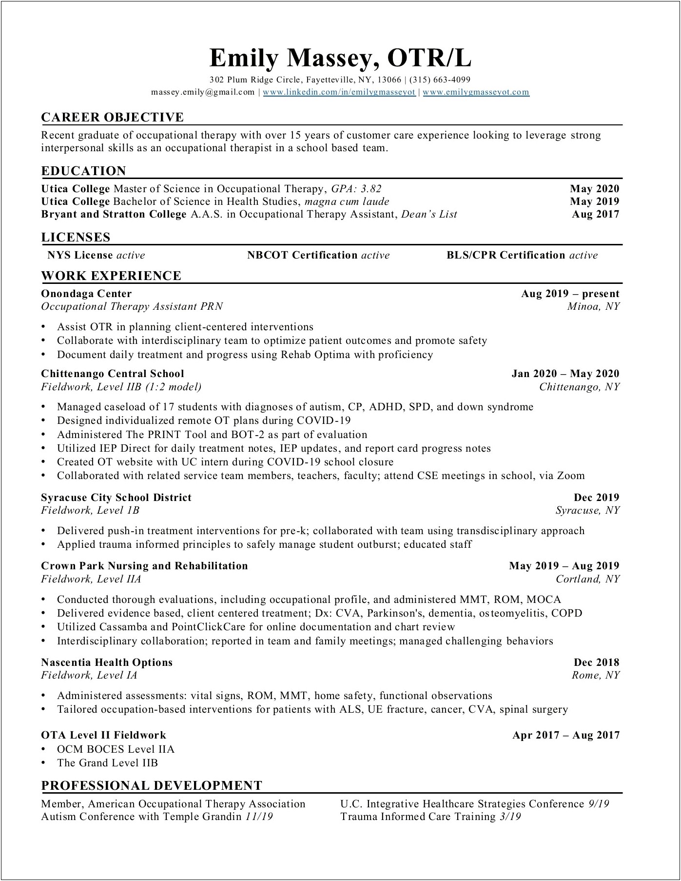 Occupational Therapy Assistant Summary For Resume