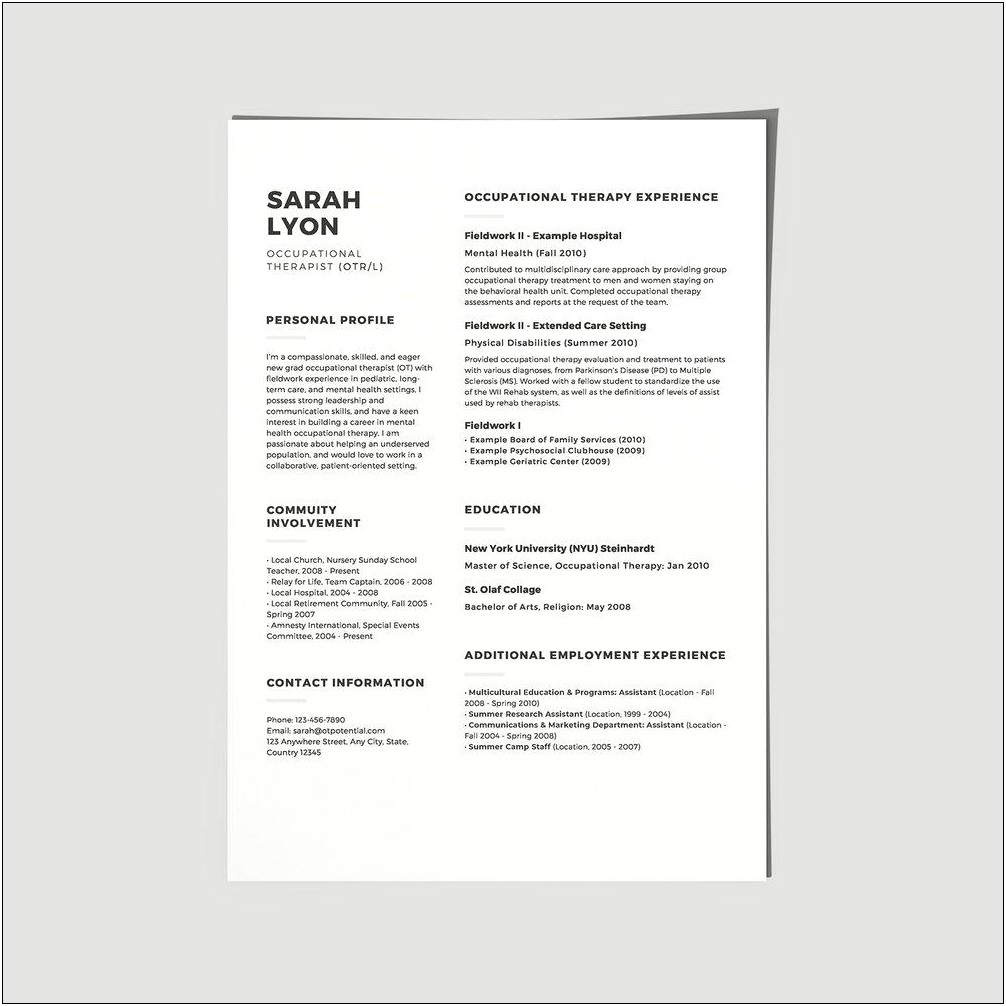 Occupational Therapy Resume Example Research