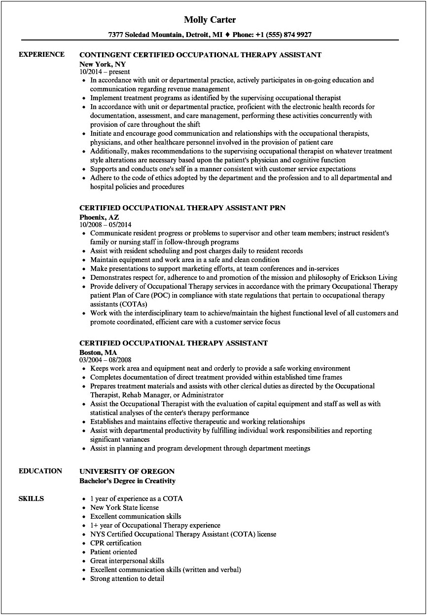 Occupational Therapy Student Resume Sample