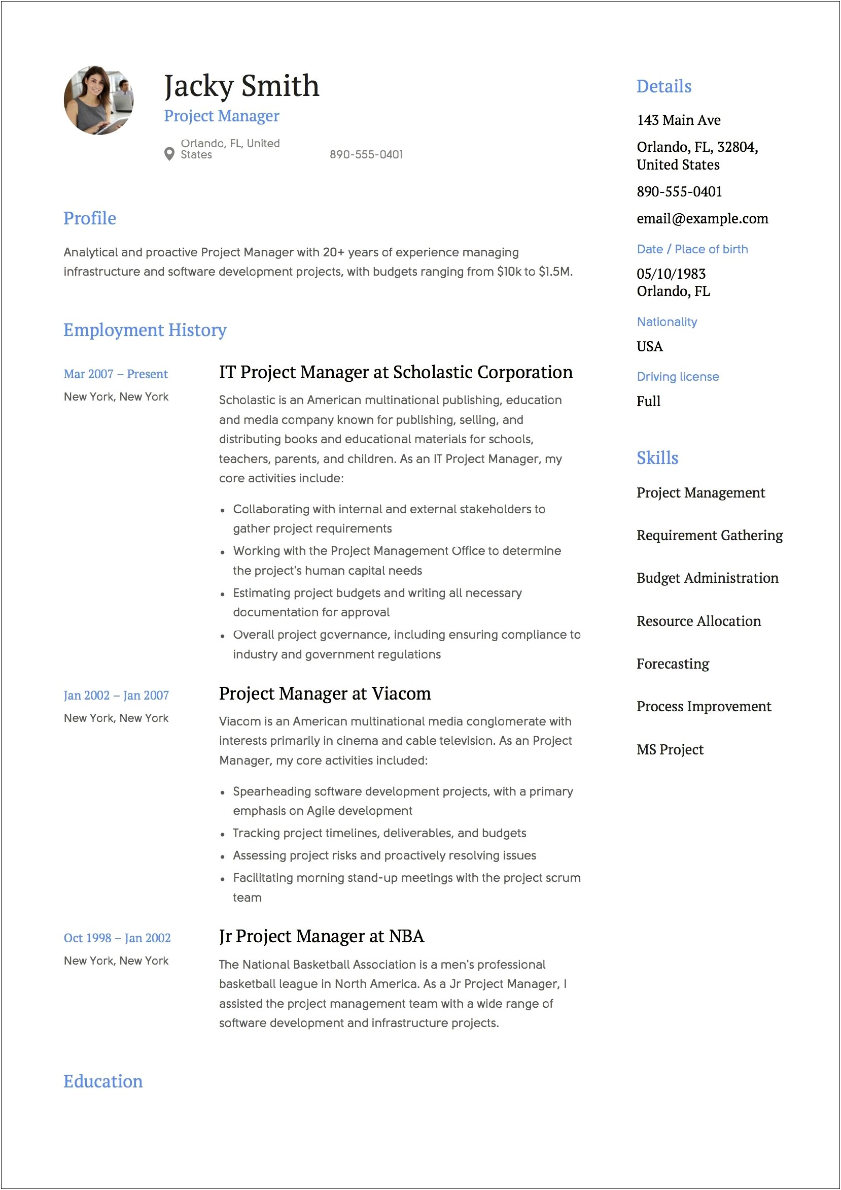 Office 365 Project Manager Resume