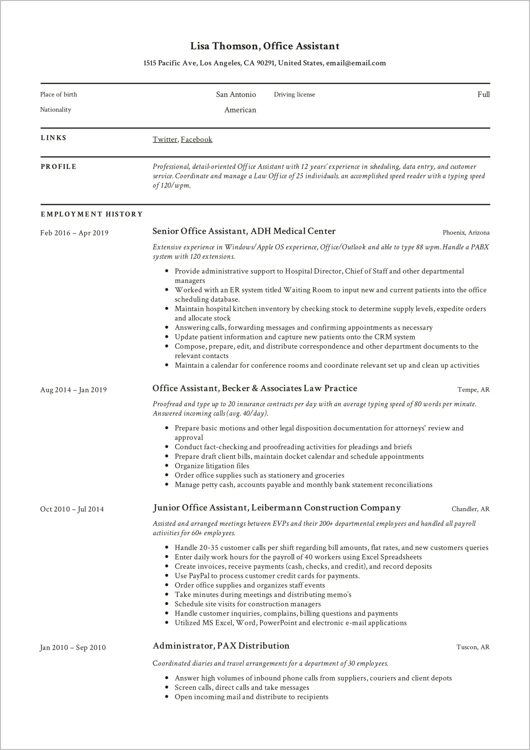 Office Assistant Job Responsibilities Resume