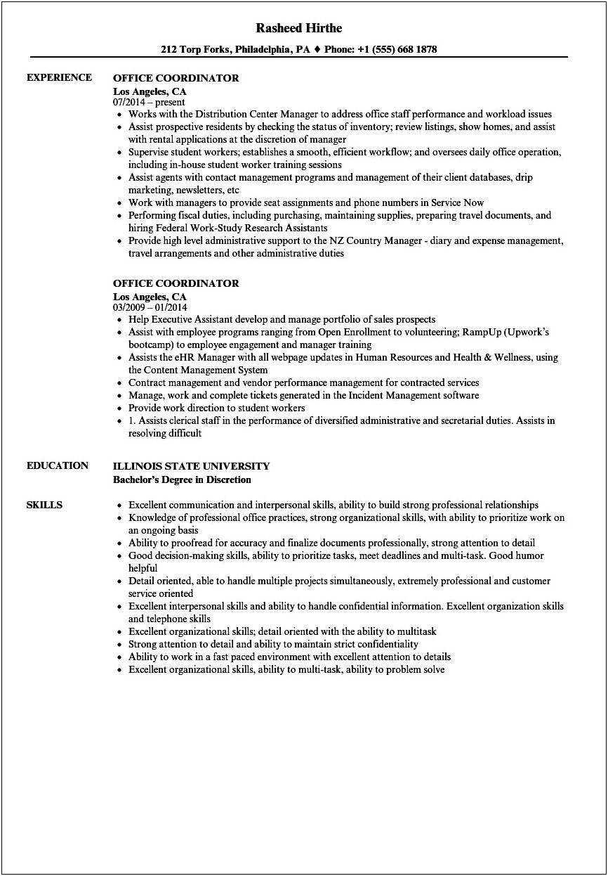Office Coordinator Job Description For Resume For Payments