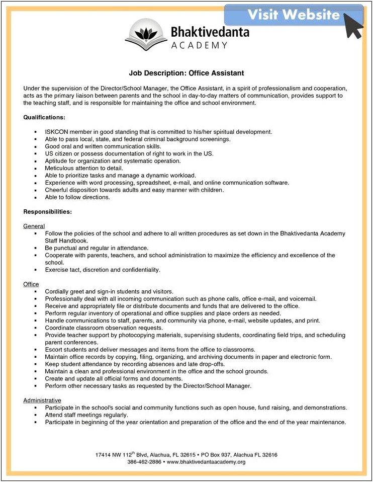 Office Coordinator Job Description For Resume