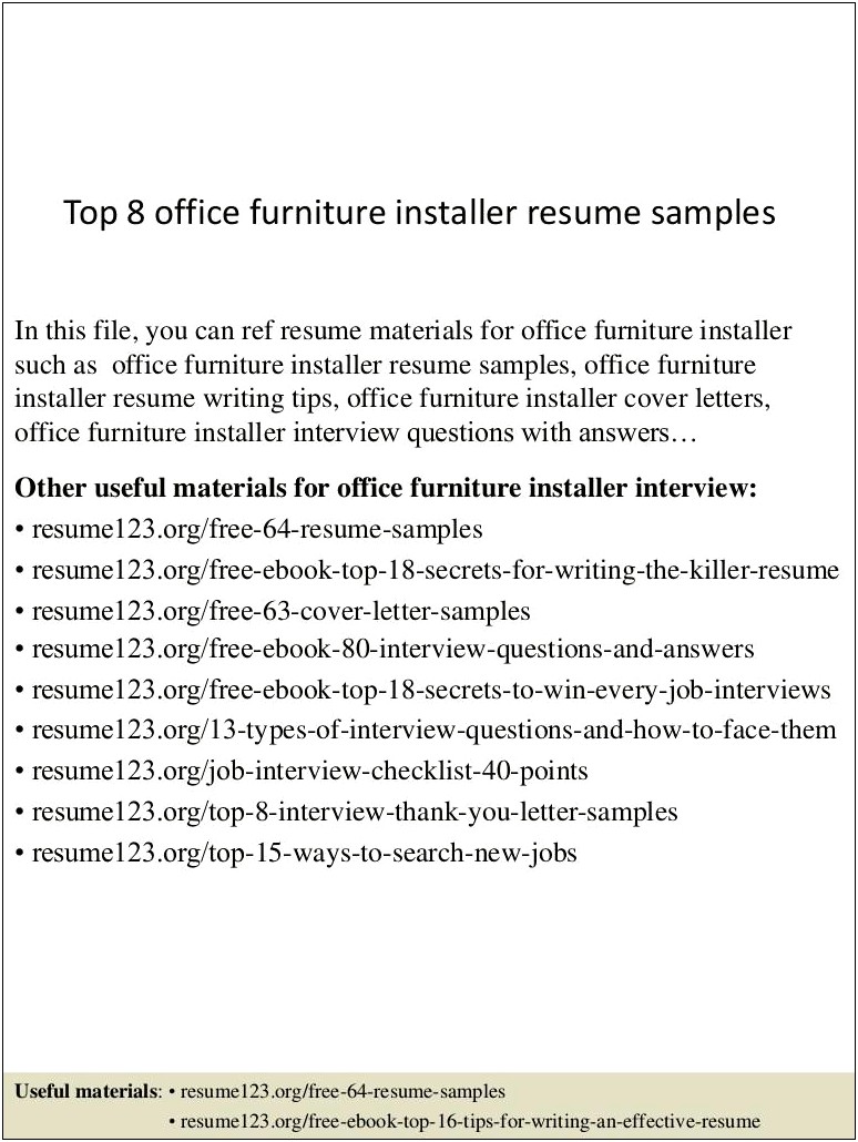 Office Furniture Installer Resume Objectives